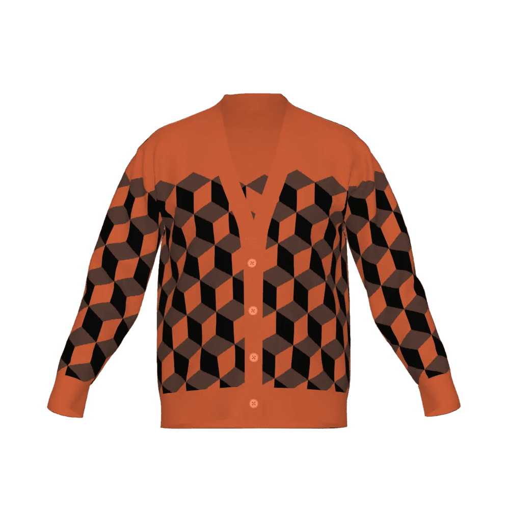 Orange cardigan with black geometric pattern on a white background