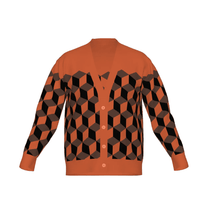 Orange cardigan with black geometric pattern on a white background