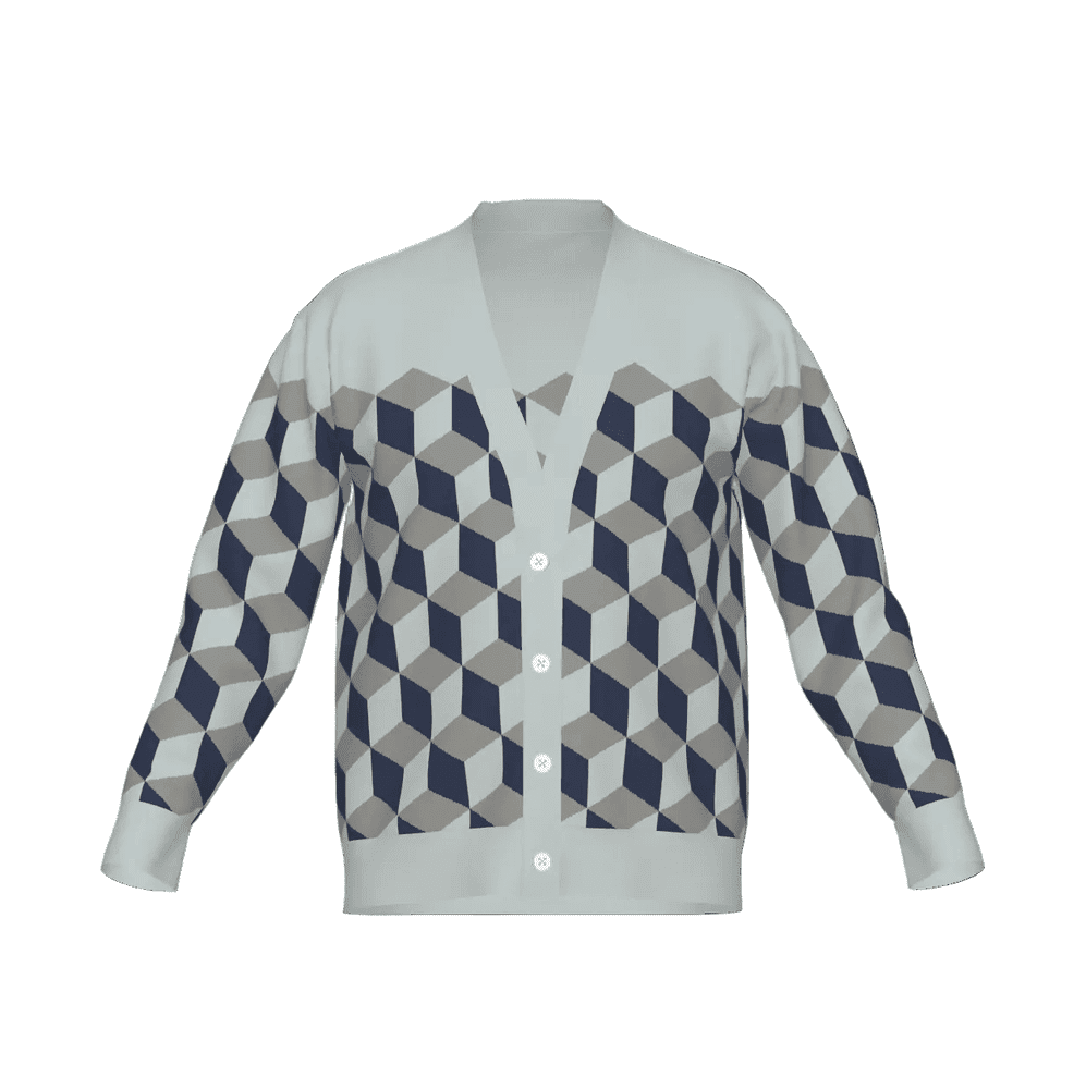 Knitted cardigan with geometric cubes pattern on a white background