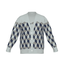 Knitted cardigan with geometric cubes pattern on a white background