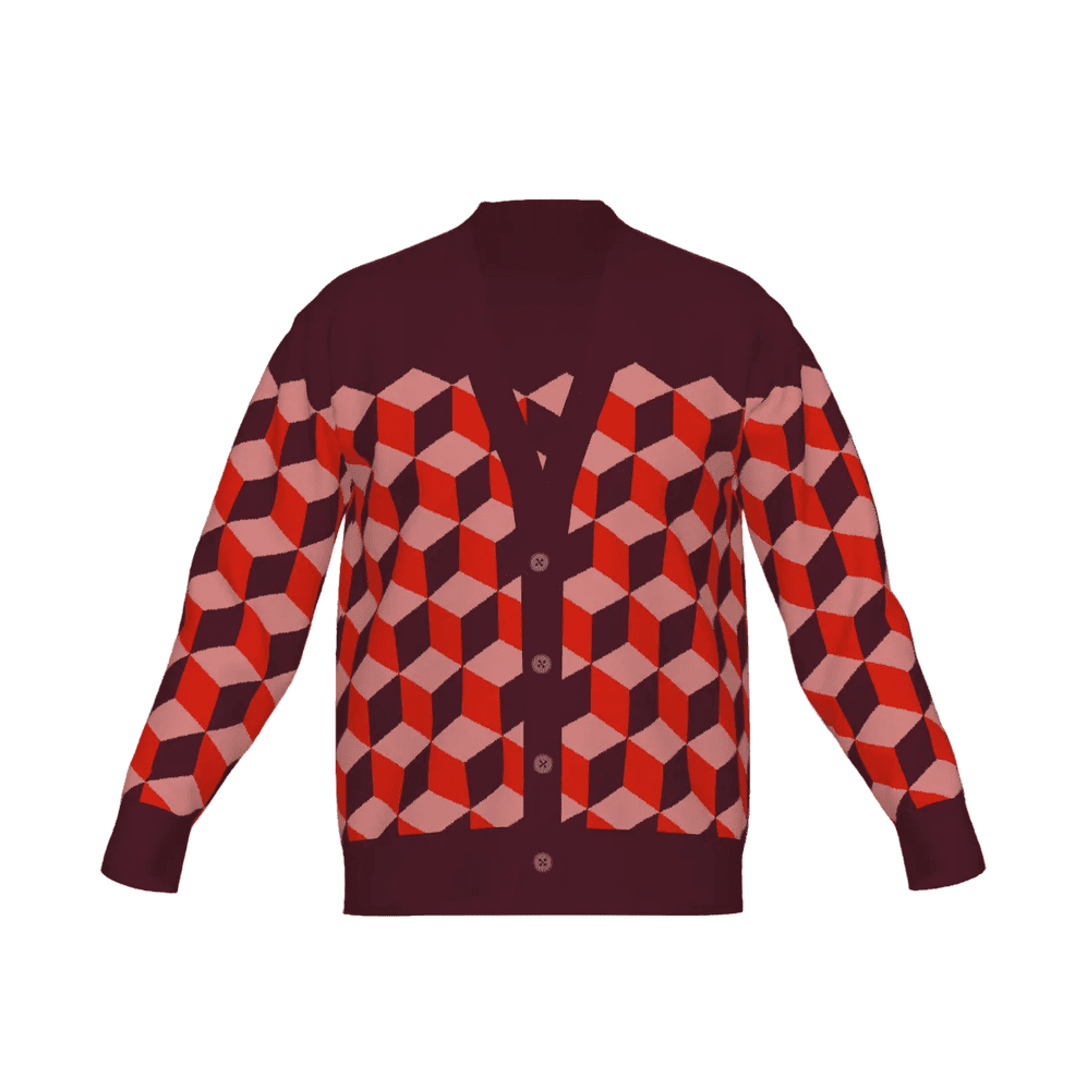 Burgundy knitted cardigan with isometric cube optical illusion design