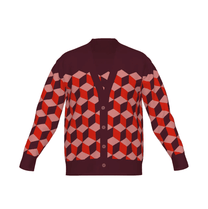 Burgundy knitted cardigan with isometric cube optical illusion design