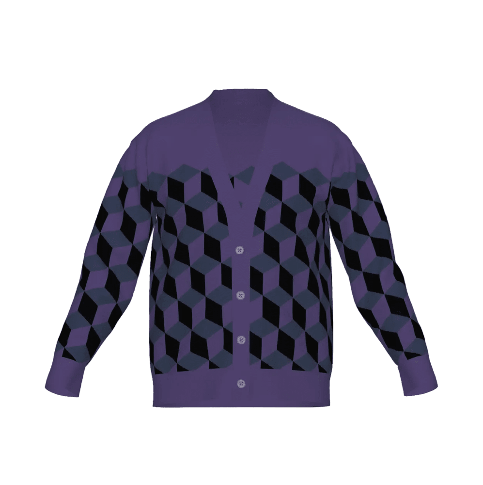 Purple cardigan with geometric isometric cubes pattern on a white background
