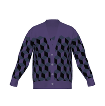 Purple cardigan with geometric isometric cubes pattern on a white background