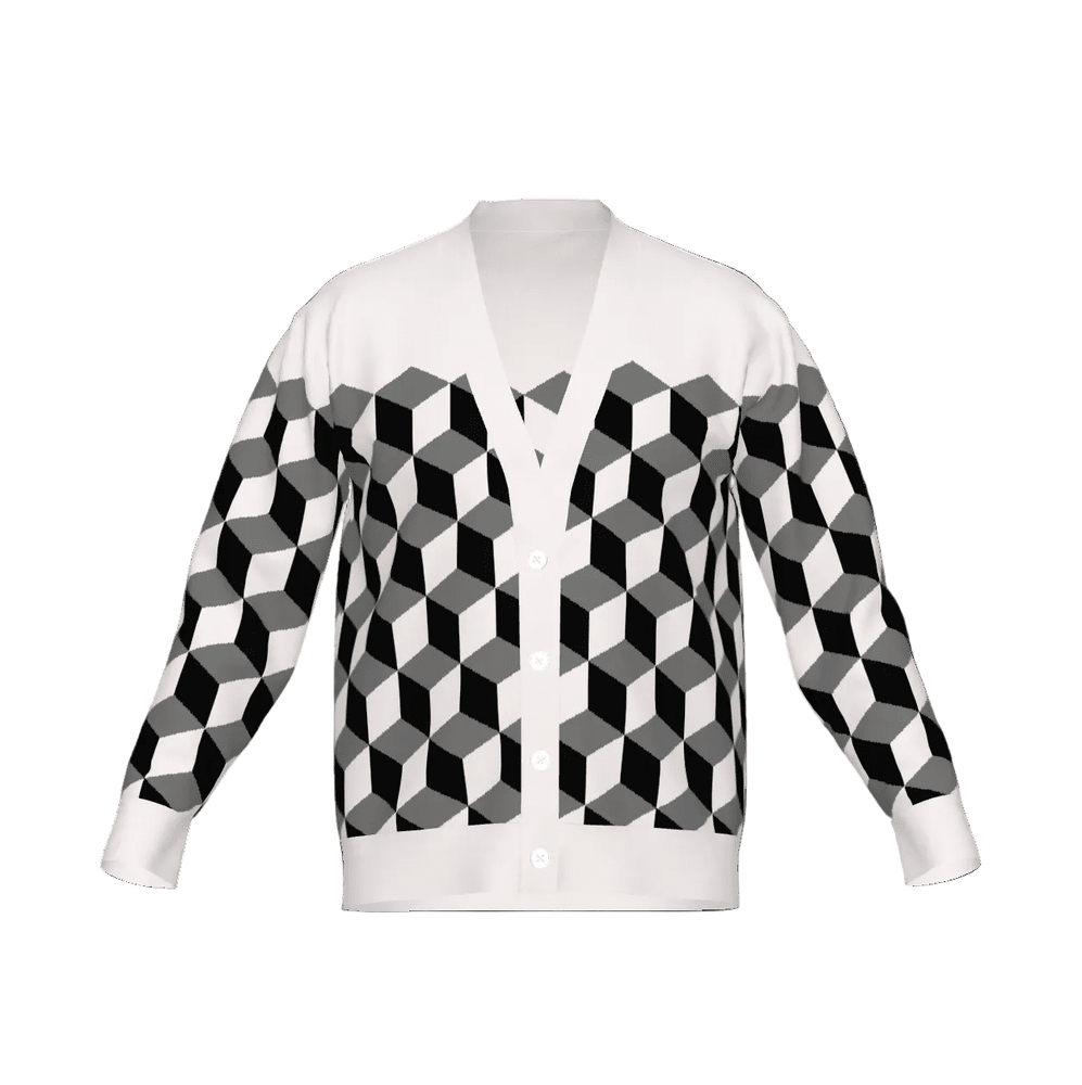 Cardigan with black and white geometric isometric cubes pattern on a white background