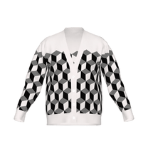 Cardigan with black and white geometric isometric cubes pattern on a white background