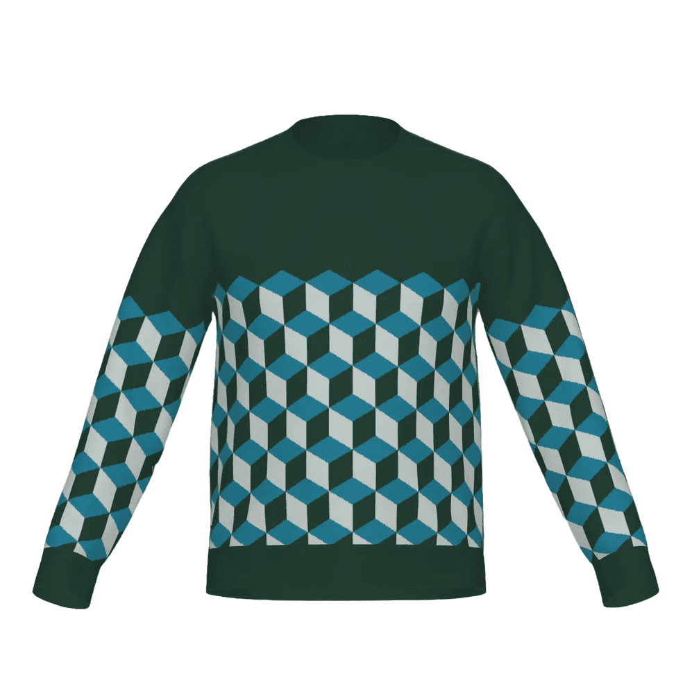 Green sweater with geometric cube pattern on a white background