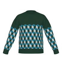 Green sweater with geometric cube pattern on a white background