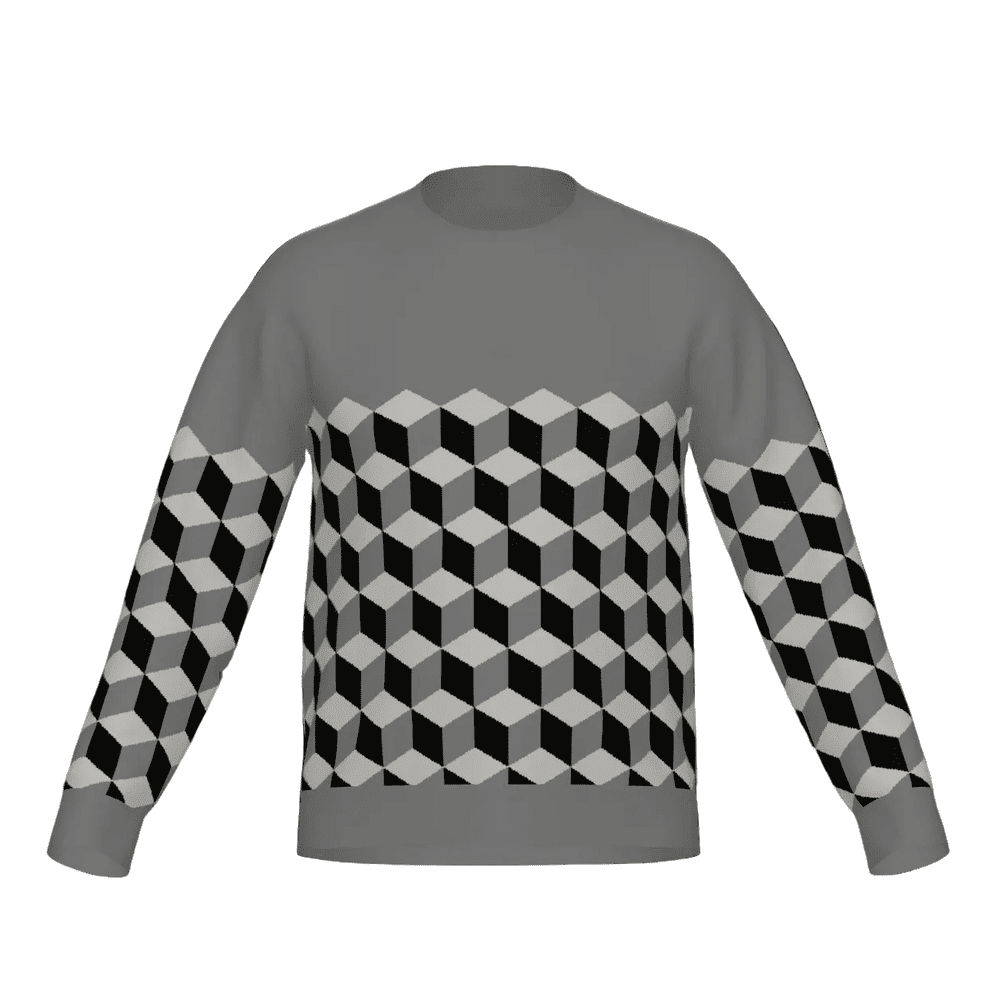 Gray sweatshirt with black and white geometric pattern on a white background