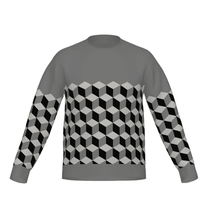 Gray sweatshirt with black and white geometric pattern on a white background