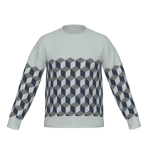 Pale Blue sweater with geometric cube pattern in blue and grey on a white background