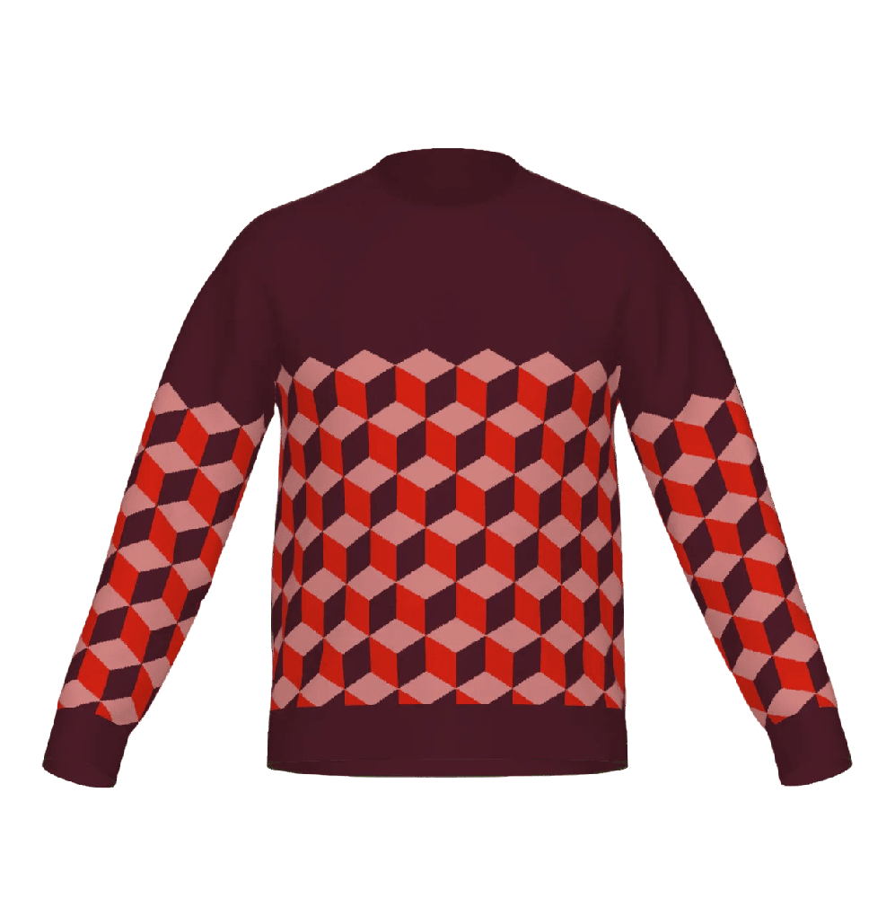 Maroon burgundy sweater with geometric cubes pattern on a white background
