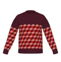 Maroon burgundy sweater with geometric cubes pattern on a white background