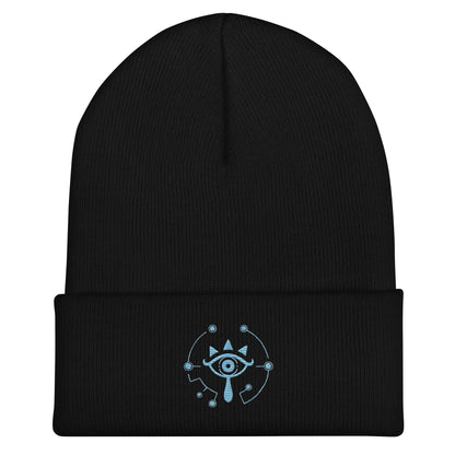 A black Zelda Sheikah embroidered beanie features a glow-in-the-dark design inspired by Tears of the Kingdom.