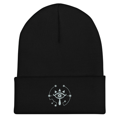 A black Zelda Sheikah embroidered beanie features a white Tears of the Kingdom design on the brim.