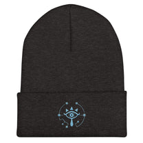 A dark gray Zelda Sheikah embroidered beanie features a glow-in-the-dark design inspired by Tears of the Kingdom.