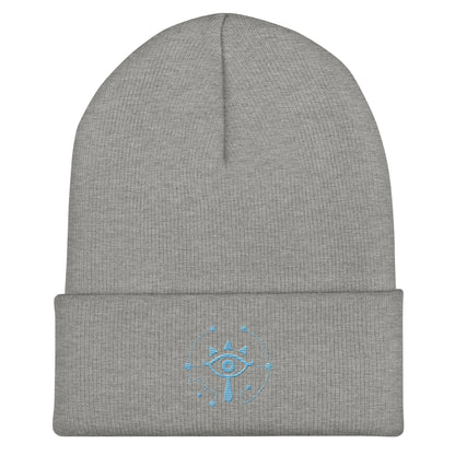 A gray Zelda Sheikah embroidered beanie features a glow-in-the-dark design inspired by Tears of the Kingdom.