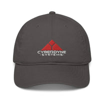 A gray cotton/corduroy baseball cap displays the Cyberdyne Systems logo from the Terminator movie.