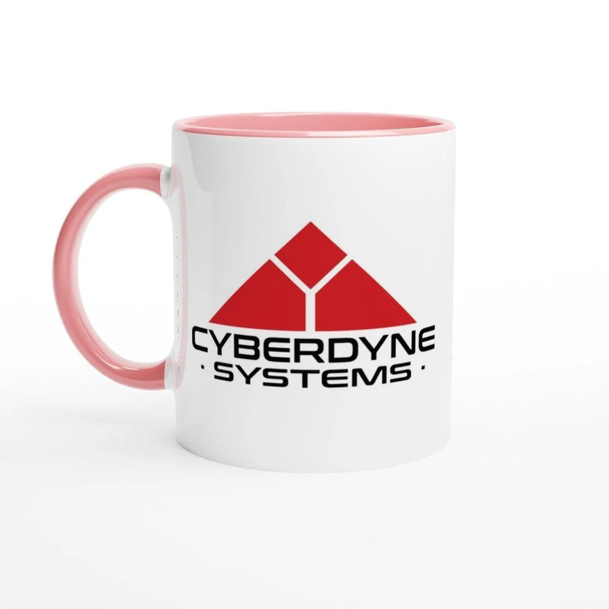 A white ceramic mug features the Cyberdyne Systems logo from the Terminator 2 movie in red and black lettering and a geometric design.