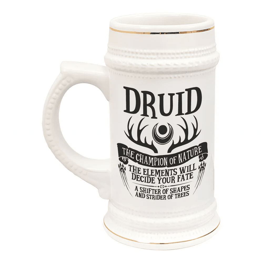 A white ceramic tankard features gold accents and displays "Druid" along with nature-themed graphics related to the D&D character class.