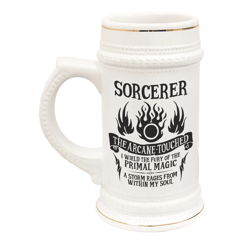 A white ceramic tankard features gold accents and displays "Sorcerer" along with flame and paw print graphics referencing a D&D character class.