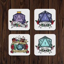 Four dice-themed coasters with text and graphics on a wooden surface