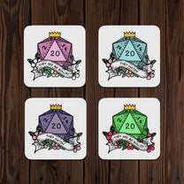 Four colorful DnD D20 dice with crowns, tattoo-style on a wooden surface