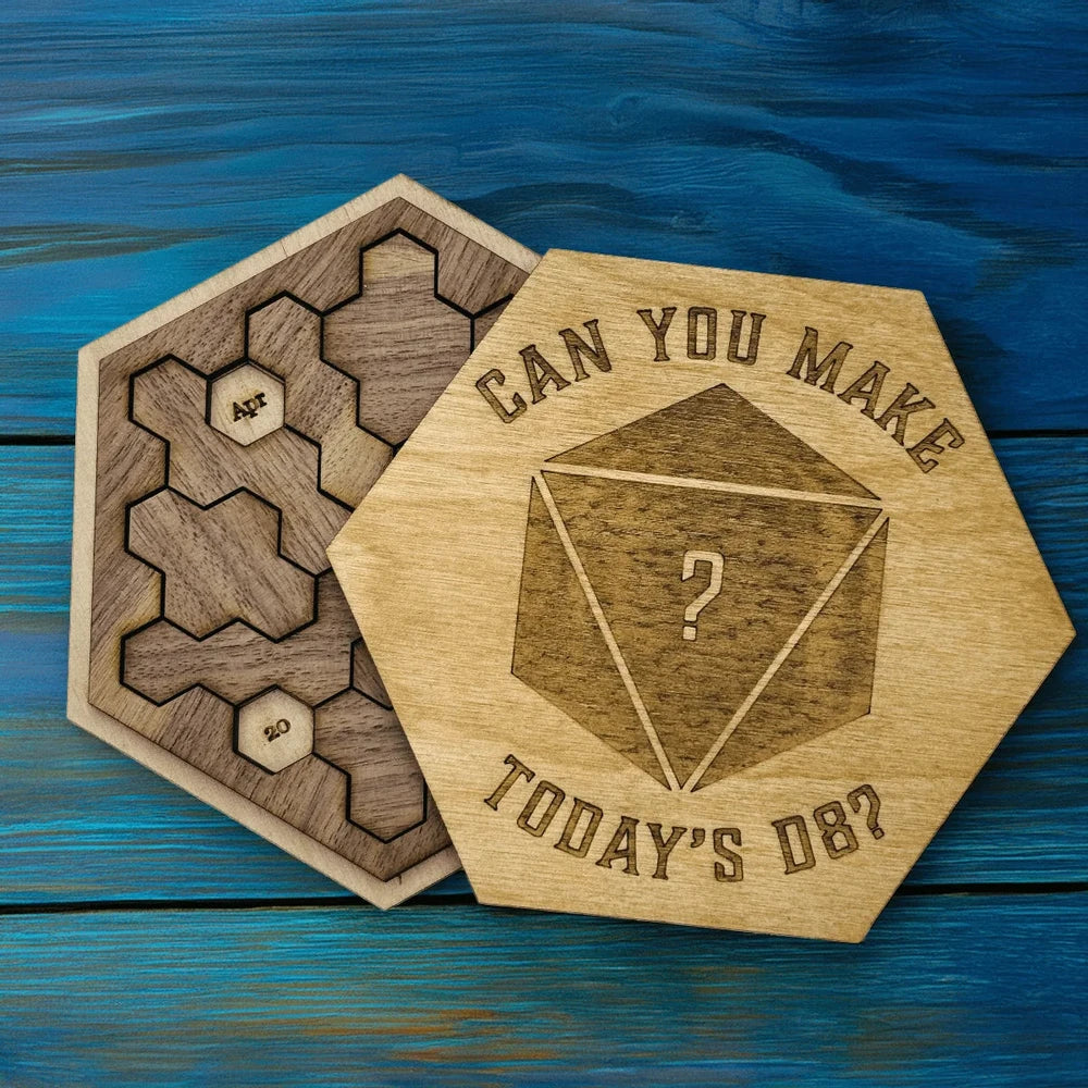 Two wooden hexagonal pieces from a DnD Edition Daily Calendar Puzzle display dates and feature a D8 die design with the phrase "Can you make today's D8?".