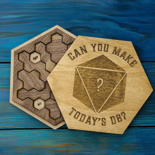 Two wooden hexagonal pieces from a DnD Edition Daily Calendar Puzzle display dates and feature a D8 die design with the phrase "Can you make today's D8?".