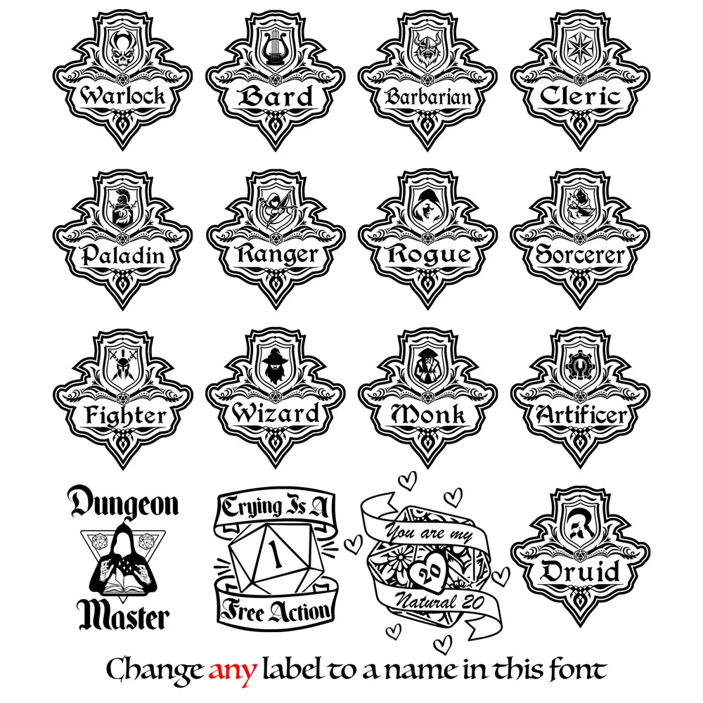 This image displays a collection of hexagonal shields featuring Dungeons & Dragons character classes like Warlock, Paladin, and Druid, alongside phrases referencing game mechanics.