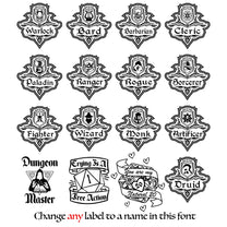 This image displays a collection of hexagonal shields featuring Dungeons & Dragons character classes like Warlock, Paladin, and Druid, alongside phrases referencing game mechanics.