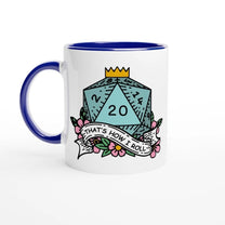 A white mug with a blue rim and handle features an illustration of a D20 die surrounded by floral elements and the phrase "That's How I Roll" referencing D&D humor.