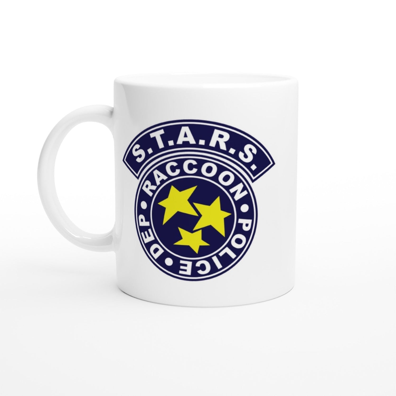White mug with S.T.A.R.S. Raccoon Police Department logo on a white background