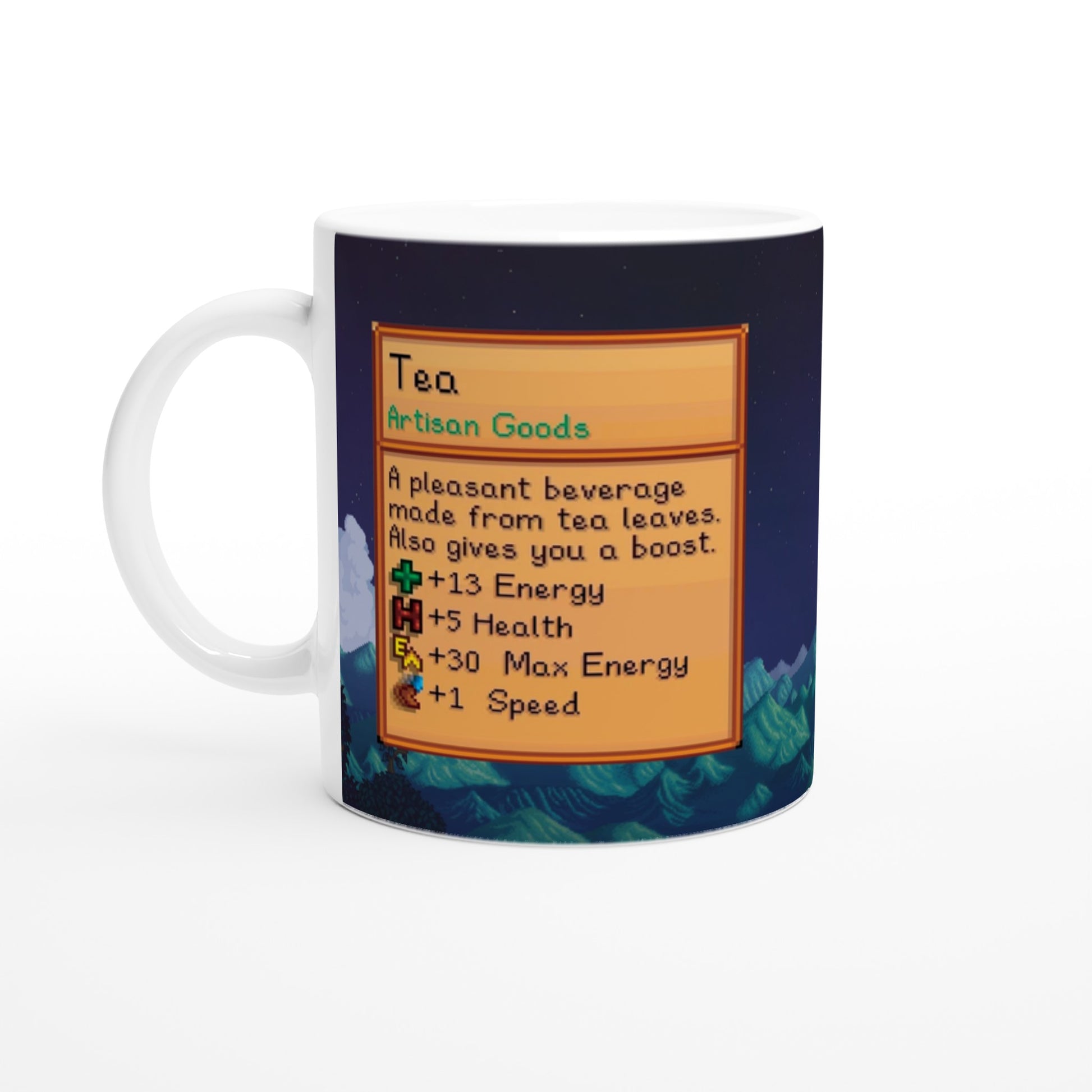 A white Stardew custom tea mug displays a pixelated graphic of an item card describing "Tea" and its effects within the game.