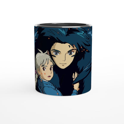 A ceramic mug displays a Studio Ghibli-inspired design featuring dark depictions of Howl and Sophie from Howl's Moving Castle.