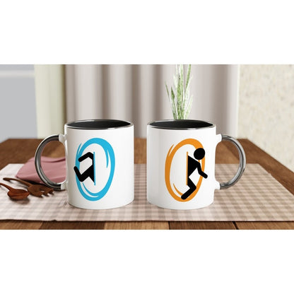 Two white ceramic Portal mugs from Half-Life feature a black silhouette jumping through a coloured portal ring on each side.