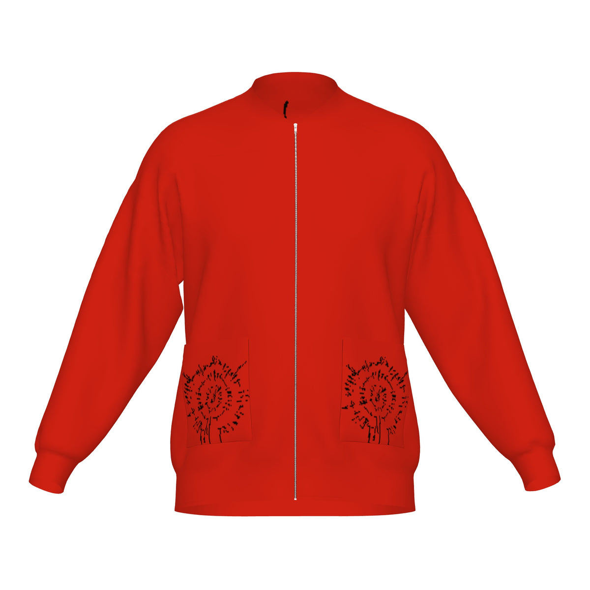 Front of the BG3 Astarion inspired infernal runes knitted bomber jacket in red with black rune design