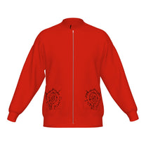 Front of the BG3 Astarion inspired infernal runes knitted bomber jacket in red with black rune design