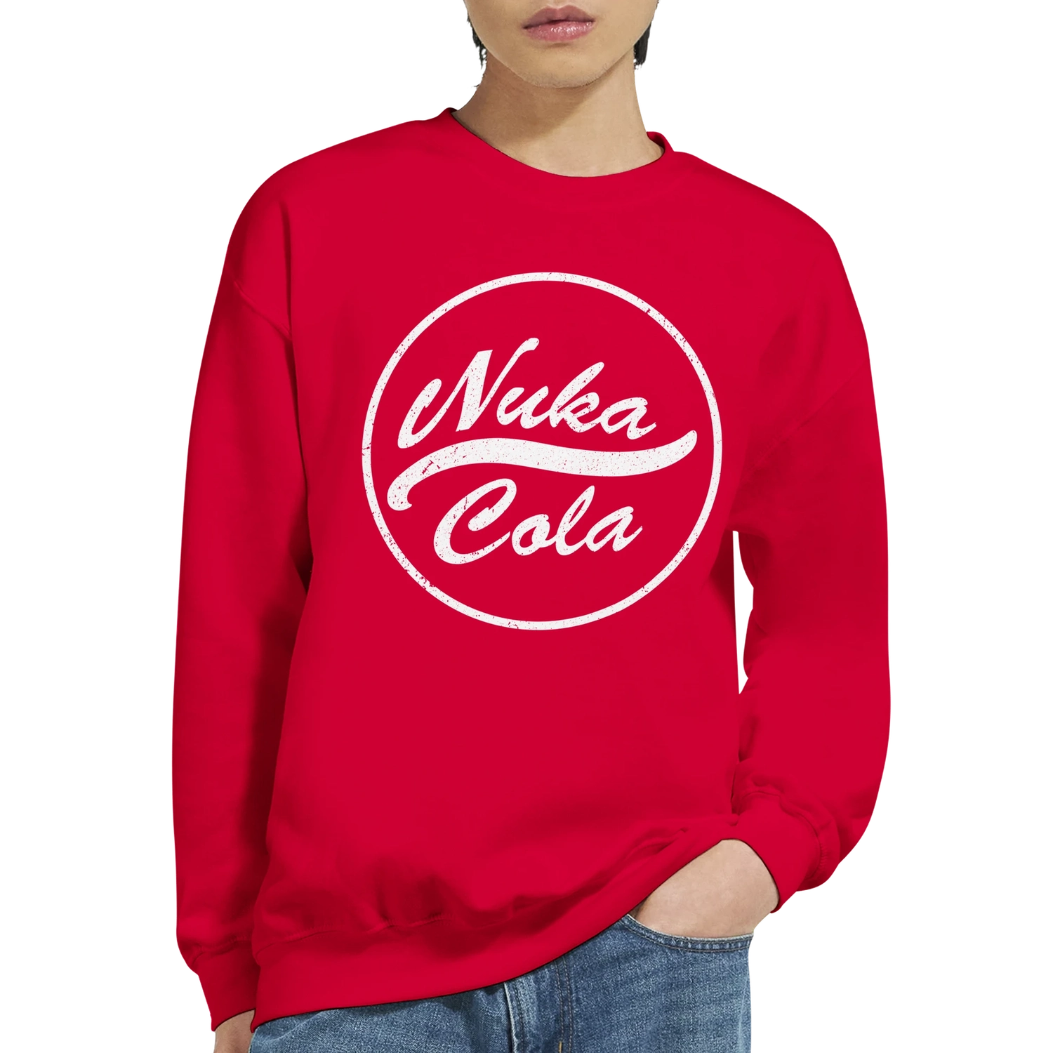Red sweatshirt with 'Nuka Cola' logo worn by a person on a white background