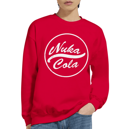 Red sweatshirt with 'Nuka Cola' logo worn by a person on a white background