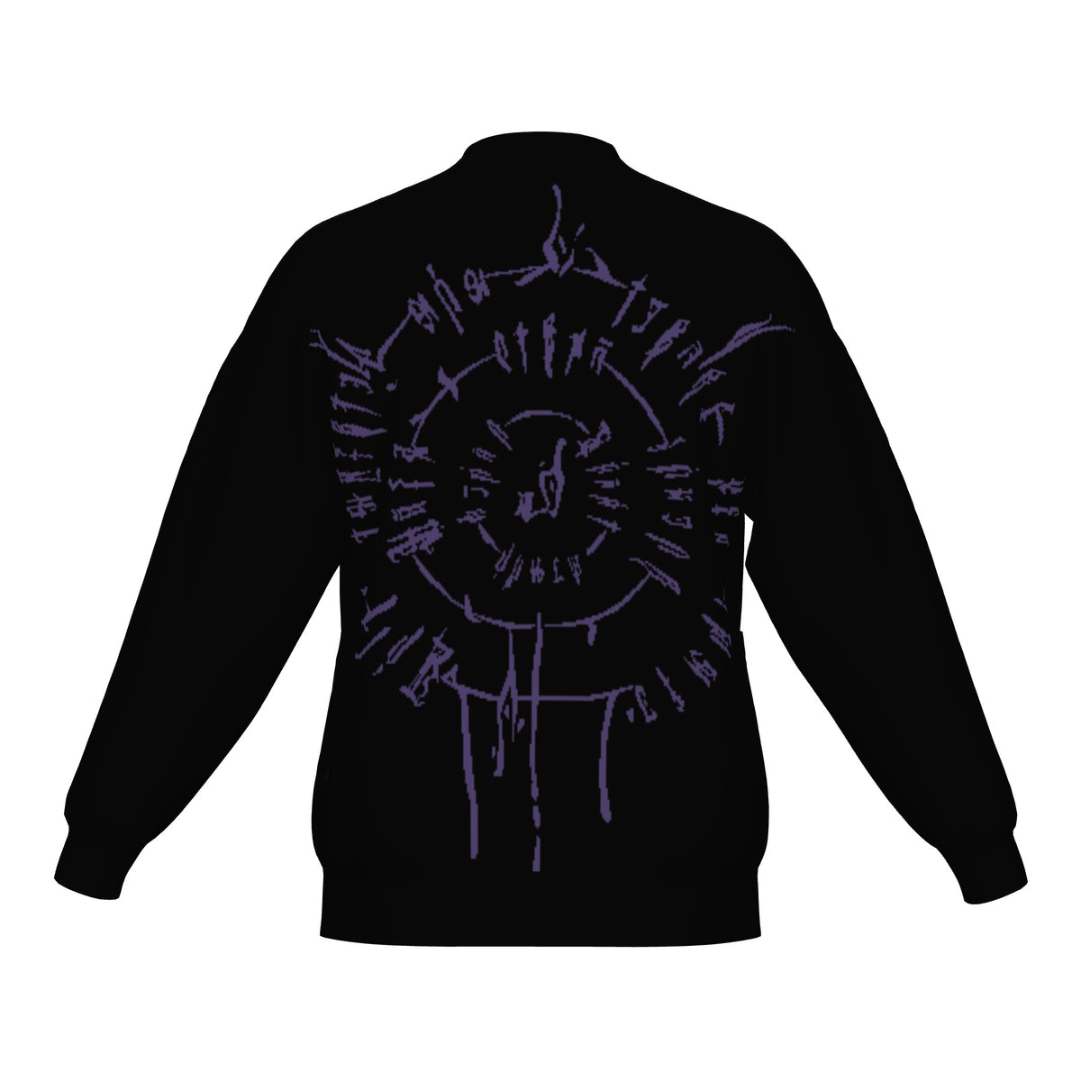 Back of the BG3 Astarion inspired infernal runes knitted bomber jacket in black with purple infernal runes