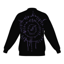 Back of the BG3 Astarion inspired infernal runes knitted bomber jacket in black with purple infernal runes