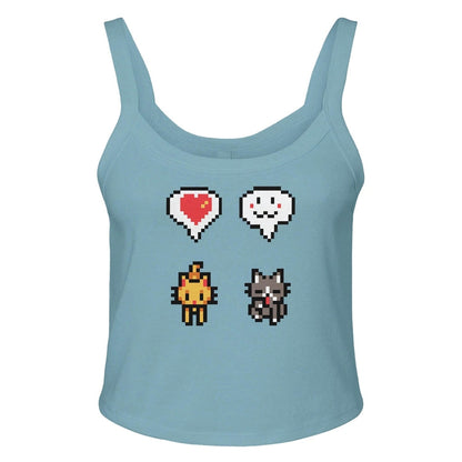A blue Stardew Cats tank top features pixel art graphics of a heart, smiling face, cat, and flame.