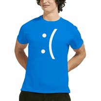 A man wears a blue Gildan 5000 t-shirt displaying a white sad face emoticon referencing the Blue Screen of Death error.