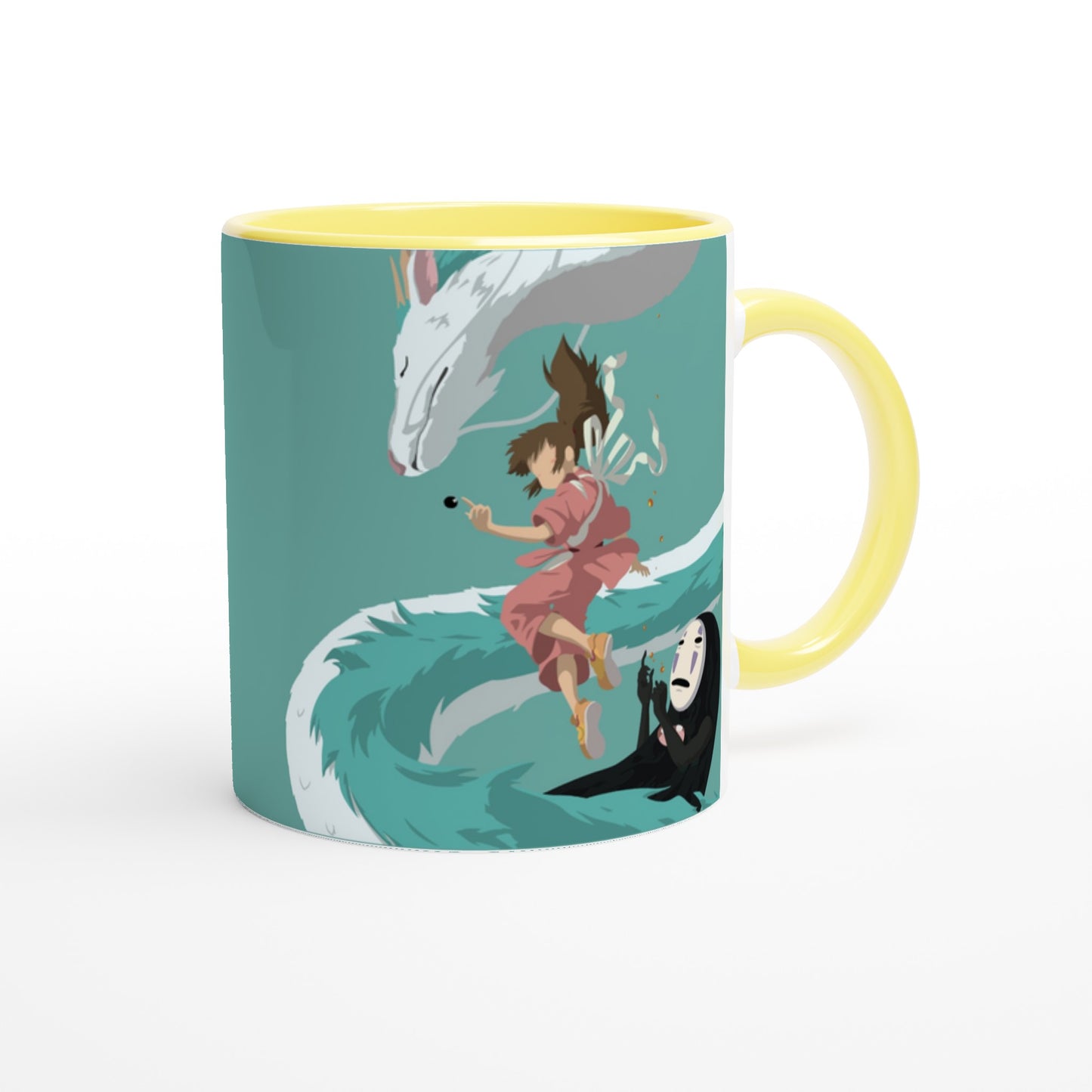 The ceramic mug depicts characters from Spirited Away, including Haku as a dragon, Chihiro, and No-Face in a stylized illustration.