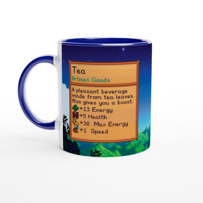 A Stardew custom tea mug displays a pixelated graphic of an item card describing tea and its benefits.