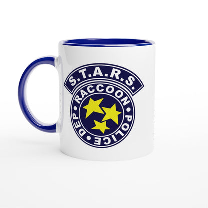 White mug with blue interior and handle, featuring the S.T.A.R.S. logo from 'Resident Evil'.