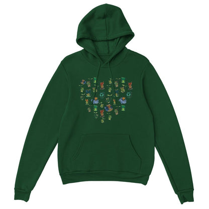 A green hoodie features a pattern of Korok characters from The Legend of Zelda: Tears of the Kingdom and Breath of the Wild arranged in the shape of a heart.