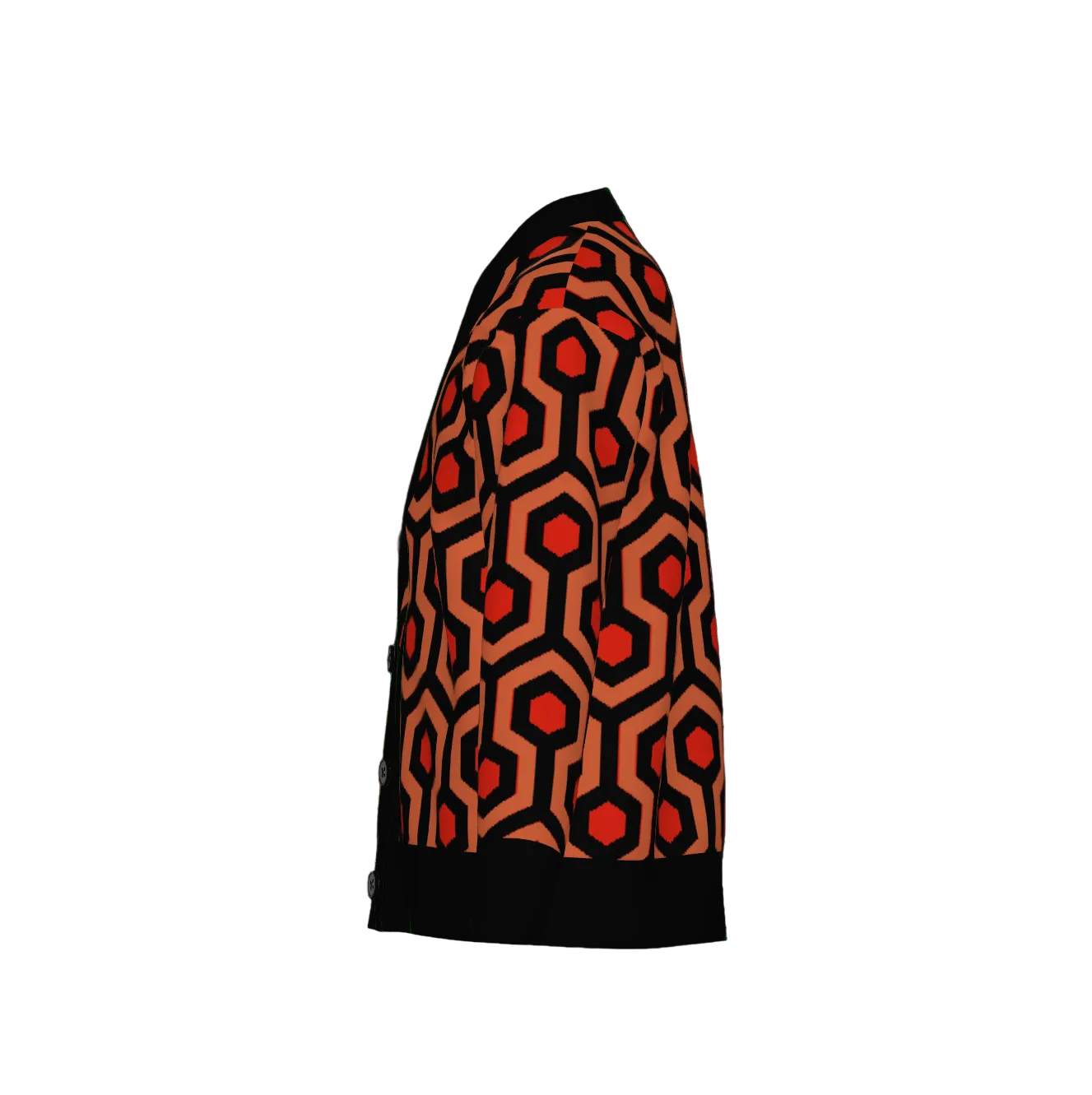 Overlook Hotel carpet pattern, orange red and black knitted cardigan on white background