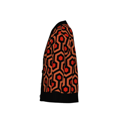 Overlook Hotel carpet pattern, orange red and black knitted cardigan on white background